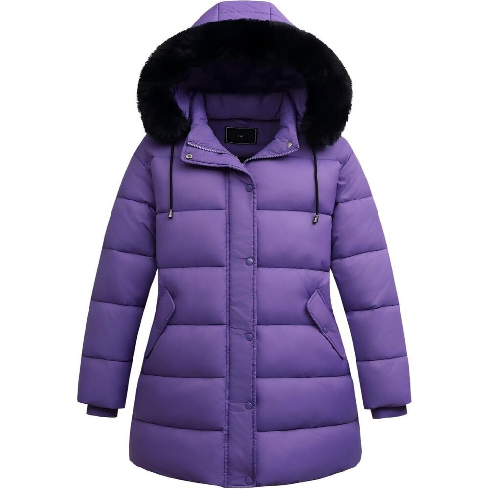 Women's Down Hood Jacket Coat Purple Waterproof Windproof Detachable Flannel